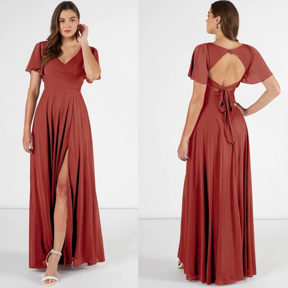 Azazie Induh Bridesmaid Dress Gown-Terracotta-Size 10-Short-Sleeve